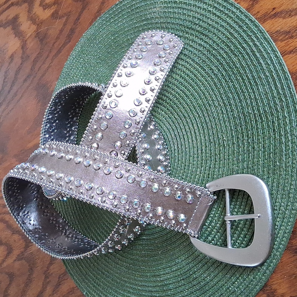 WCM New York Metallic Silver Leather Western Studded Rhinestone Belt Size XL